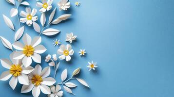 AI generated Beautiful spring flowers on blue background with copy space. Papercut style. photo