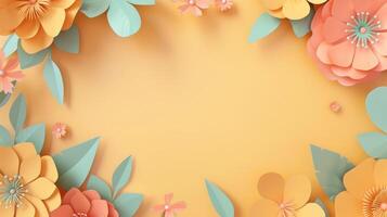 AI generated Beautiful spring flowers on orange background with copy space. Papercut style. photo