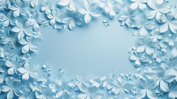 AI generated Beautiful blue flowers on blue background with copy space. Papercut style. photo