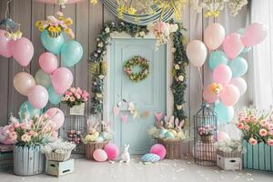 ai generado hermosa puerta de hogar para Pascua de Resurrección estación. vistoso hogar Entrada con Pascua de Resurrección huevos, globos y flores foto