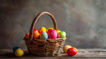 AI generated Easter eggs in the woven basket isolated on neutral background. Copy space. photo