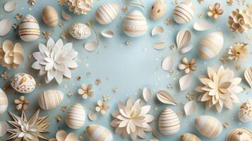 AI generated Beautiful flowers and Easter eggs on blue background with copy space. Papercut style. photo