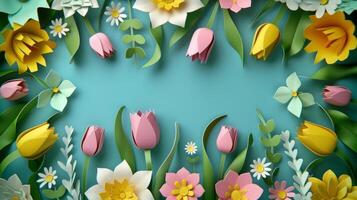 AI generated Beautiful flowers and on green background with copy space. Papercut style. photo