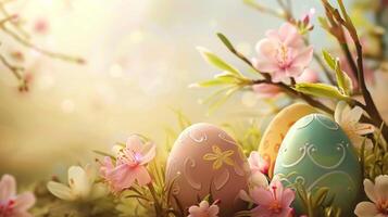 AI generated Beautiful flowers and Easter eggs on spring background with copy space. photo