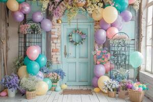 AI generated Colorful home entrance with Easter eggs, balloons and flowers. Beautiful door of home for Easter season. photo