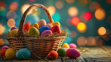 AI generated Easter eggs in the woven basket isolated on neutral background. Copy space. photo