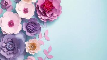 AI generated Beautiful spring flowers on blue background with copy space. Papercut style. photo