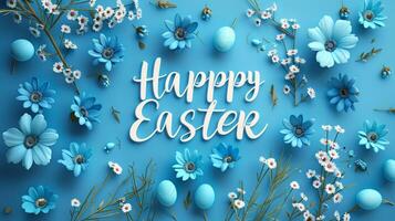 AI generated Happy Easter calligraphy text message with blue decorated eggs and flowers over blue background. photo