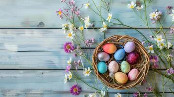AI generated Easter background with Easter eggs in basket and spring flowers on wooden background. Copy space. photo