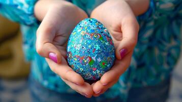 AI generated Hands holding colorful Easter eggs in closeup. Spring holiday Easter celebration concept. photo