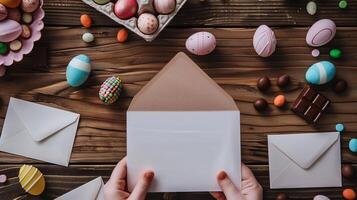 AI generated Easter Family traditions. Top view composition of open envelope with colored eggs, Easter candy on wooden background. photo