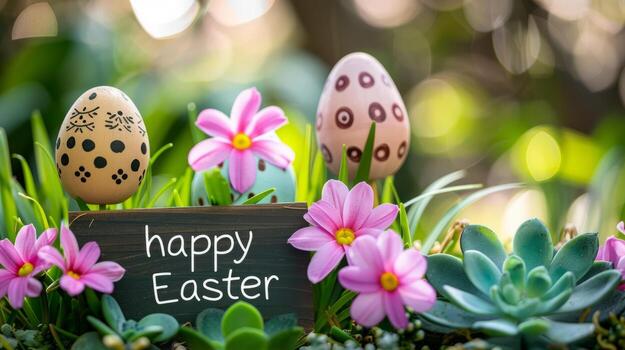 AI generated Happy Easter. Greeting banner postcard with decorative eggs in garden. photo