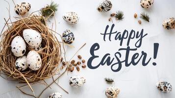 AI generated Happy Easter. Greeting banner postcard with decorative eggs in nest on white background. photo