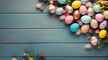 AI generated Easter background with Easter painted eggs and spring flowers on rustic wooden background. Top view with copy space. photo