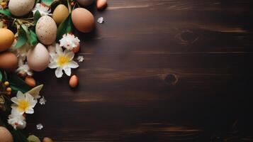 AI generated Easter background with Easter painted eggs and spring flowers on wooden background. Top view with copy space. photo