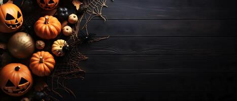AI generated Halloween background with pumpkins with copy space photo