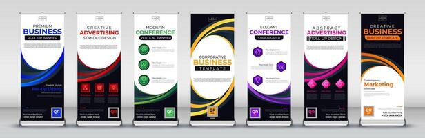 Advertising abstract Business Roll Up Banner Standee and Template set in red, green, blue, yellow, orange, purple, pink for events, presentations, meetings, annual events vector