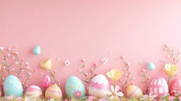 AI generated Beautiful flowers and Easter eggs on pink background with copy space. Papercut style. photo