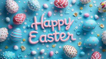 AI generated Happy Easter calligraphy text message with colorful decorated eggs over blue background. photo