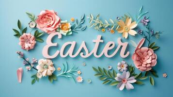 AI generated Easter calligraphy text message with paper art flowers on blue background. photo