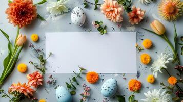 ai generado contento Pascua de Resurrección concepto. sencillo primavera Pascua de Resurrección plantilla, saludo tarjeta, bandera. parte superior ver con Copiar espacio foto