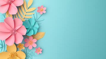 AI generated Beautiful spring flowers on green background with copy space. Papercut style. photo