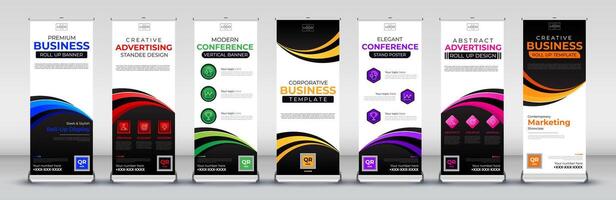Advertising abstract Business Roll Up Banner Standee and Template set in red, green, blue, yellow, orange, purple, pink for events, presentations, meetings, annual events vector