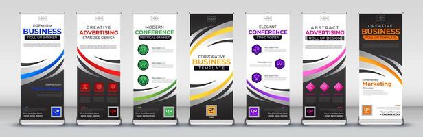 Business abstract roll up banner design in blue, red, green, yellow, purple, pink and orange colors vector