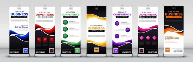 Business roll up banner design for business events, annual meetings, presentations, marketing, promotions, in blue, red, green, yellow, purple, pink and orange print ready colors vector