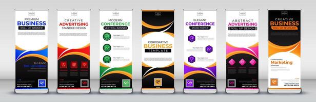 Advertising abstract Business Roll Up Banner Standee and Template set in red, green, blue, yellow, orange, purple, pink for events, presentations, meetings, annual events vector