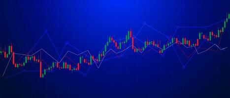 green and red candlestick pattern banner with line indicators in blue background vector