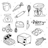 Kitchen utensils and bakery tools doodle. Hand drawn vector illustration.