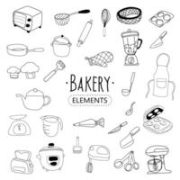 Kitchen utensils and bakery tools doodle. Hand drawn vector illustration.