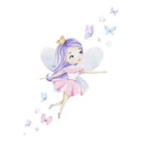 linda pequeño hada con corona, mariposas y estrellas. aislado mano dibujar acuarela ilustración. para niño bienes, ropa, postales, bebé ducha y para niños habitación vector