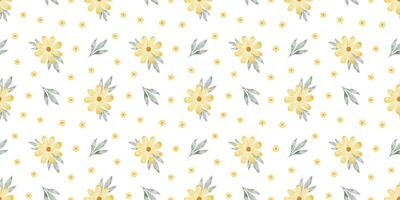 Yellow wildflowers and leaves. Watercolor hand drawn seamless pattern of Simple flowers. Cute print for fabric, scrapbooking, wrapping paper, design of card vector