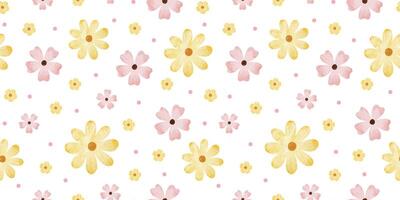 Pink, yellow wildflowers and dots. Watercolor hand drawn seamless pattern of Simple flowers. Cute print for fabric, scrapbooking, wrapping paper, design of card vector