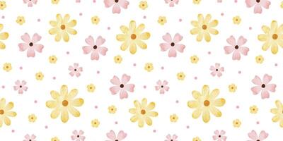 Pink, yellow wildflowers and dots. Watercolor hand drawn seamless pattern of Simple flowers. Cute print for fabric, scrapbooking, wrapping paper, design of card vector