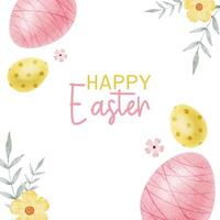 Happy Easter card with yellow, pink Easter eggs, flowers and leaves. Square Paschal layout. Watercolor illustrations. Template for Easter cards, label, posters and invitations. vector