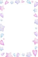 Square frame of pink, purple, blue hearts and stars. Isolated hand drawn watercolor wreath for invitation, wedding, greeting cards, baby shower, Valentine's day vector