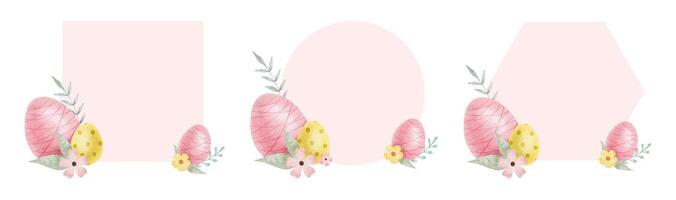 Frame of cute colorful Easter eggs, flowers and leaves. Background with Easter Eggs with Pastel Colors. Isolated watercolor illustration. Template for Easter cards, covers, posters and invitations. vector