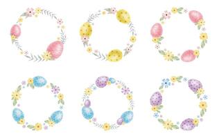 Frame of cute colorful Easter eggs, flowers and leaves. Background with Easter Eggs with Pastel Colors. Isolated watercolor illustration. Template for Easter cards, covers, posters and invitations. vector