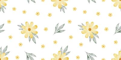 Yellow wildflowers and leaves. Watercolor hand drawn seamless pattern of Simple flowers. Cute print for fabric, scrapbooking, wrapping paper, design of card vector