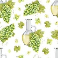 Bunch of green grapes, Jug with grape seed oil and leaves. Decanter with grape juice. Watercolor seamless pattern background. For fabric, packaging paper, scrapbooking, product packaging design vector