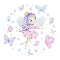 Little fairy, princess with a crown, butterflies and stars. Isolated hand draw watercolor illustration. Round composition for kid's goods, clothes, postcards, baby shower and children's room vector