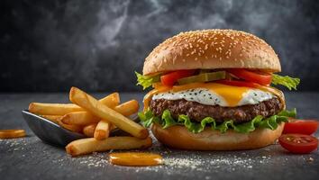 AI generated delicious, hamburger, French fries photo