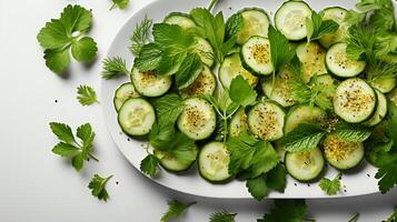 ai generado Pepino rebanada ensalada con menta hoja para desayuno foto