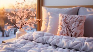 AI generated Cozy bedroom with blanket comfort warm light winter photo