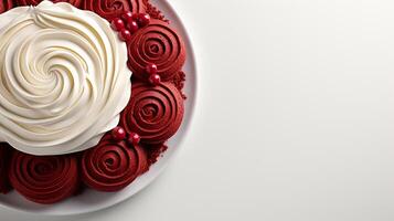 AI generated Red velvet roll cake with cream and fruit for snack dessert photo