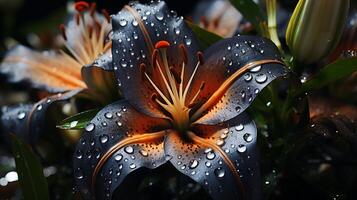 AI generated Lily black flower blossom decoration plant wallpaper photo