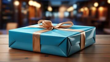 AI generated Blue package box gift with tape carton delivery photo